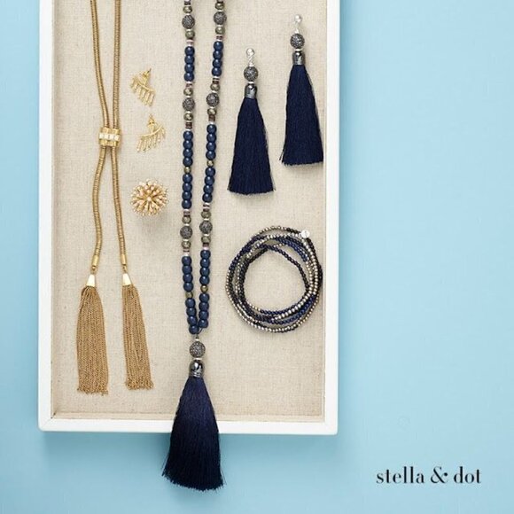 💜 Stella & Dot Earrings Trove Tassel Navy Blue - Picture 3 of 5